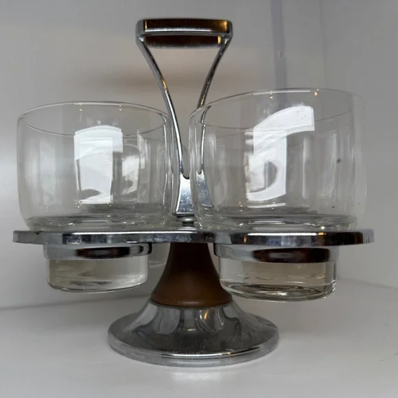 MCM Vintage Barware 1960s Chrome Caddy & Rotating Lazy Susan Set of 4 Glasses - Picture 1 of 9